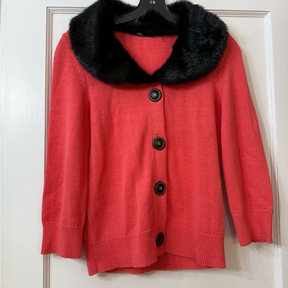 Nic + Zoe coral faux fur collar sweater cardigan size small